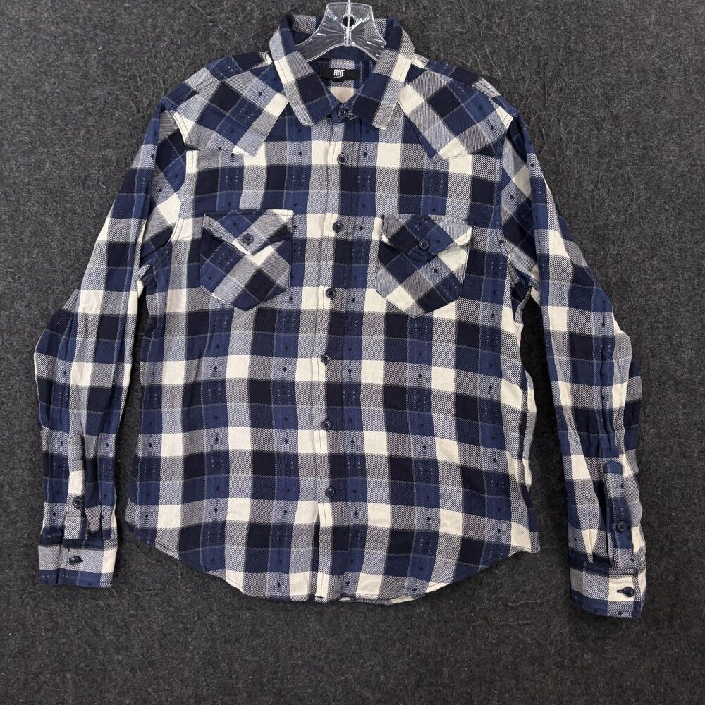 Frye Shirt Men's Medium Blue Plaid 100% Cotton Flannel Western Button Up Casual